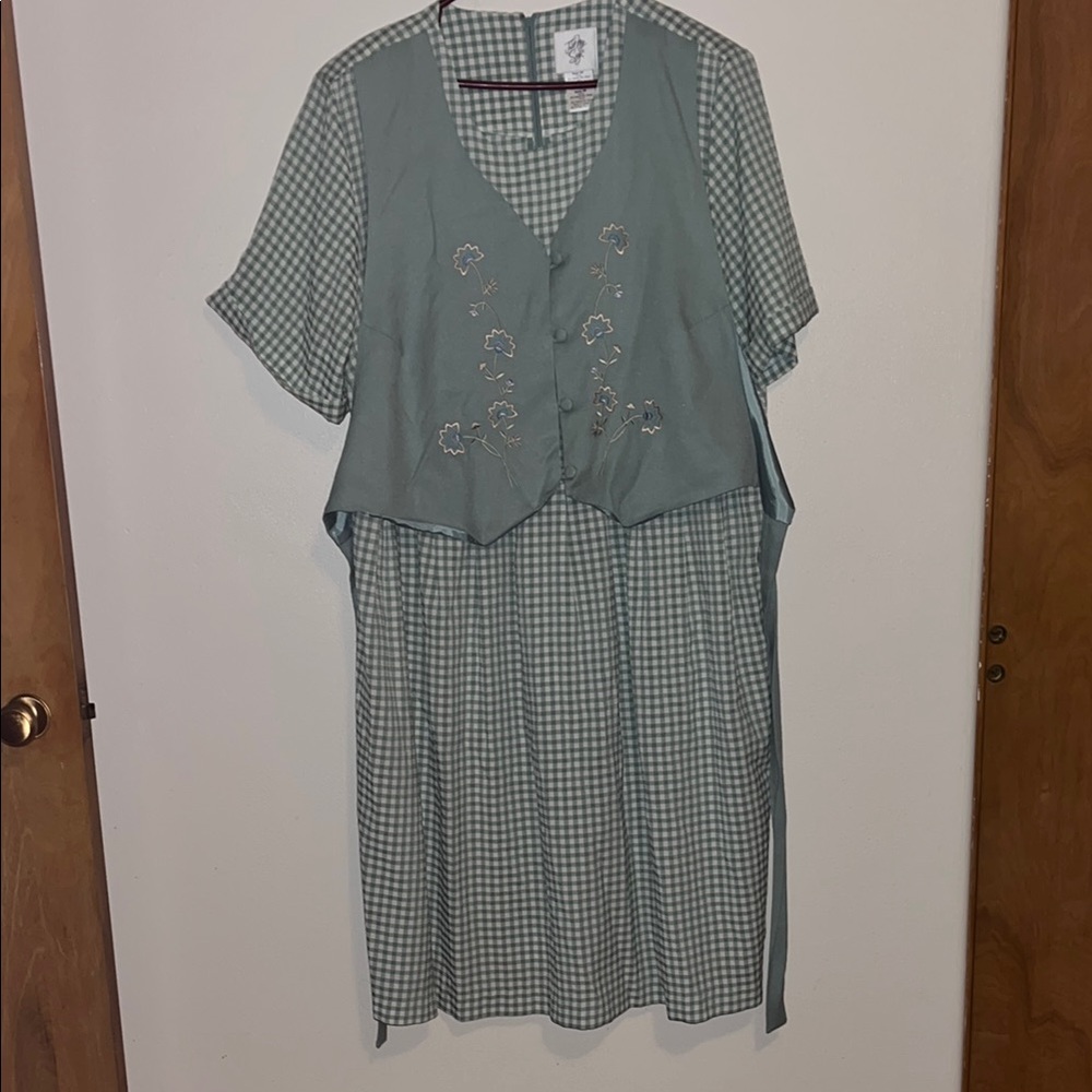 Green Checkered Dress with Embroidered Vest